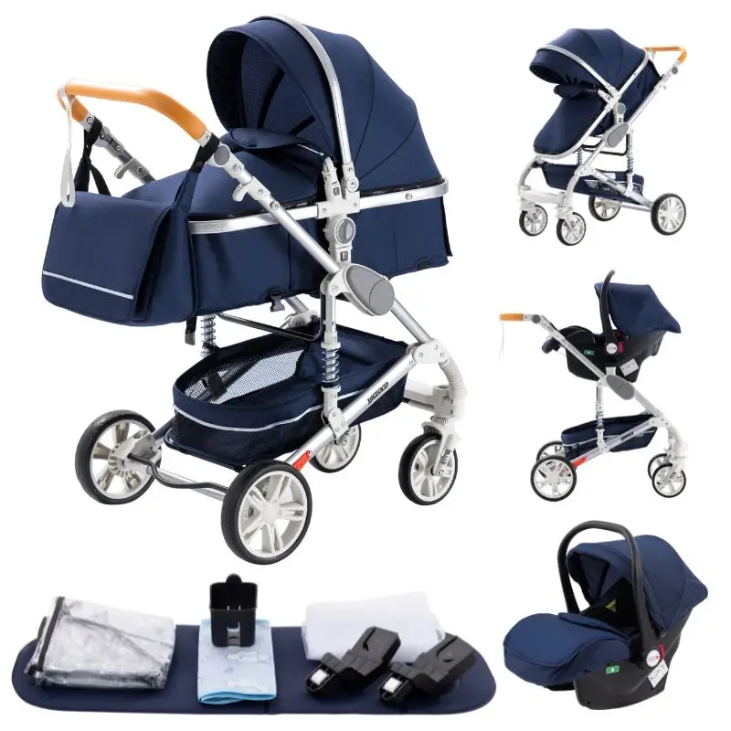 3-in-1 Babywandelwagen met autostoeltje en slaapmandje, lichtgewicht kinderwagen, multifunctionele babybuggy, compacte vouwwagen