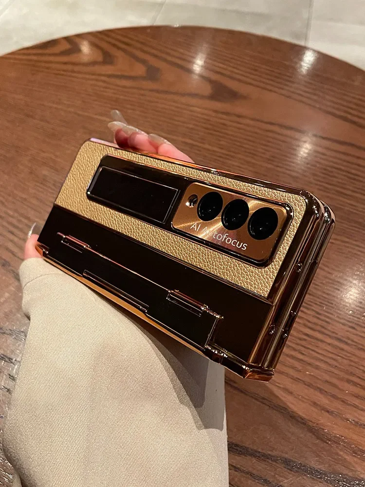 For Samsung Galaxy Z Fold 7 Z Fold 6 Z Fold5 4 3 5G Case with Screen Protector Luxury Leather One-Piece Plating Stand Cover Gold
