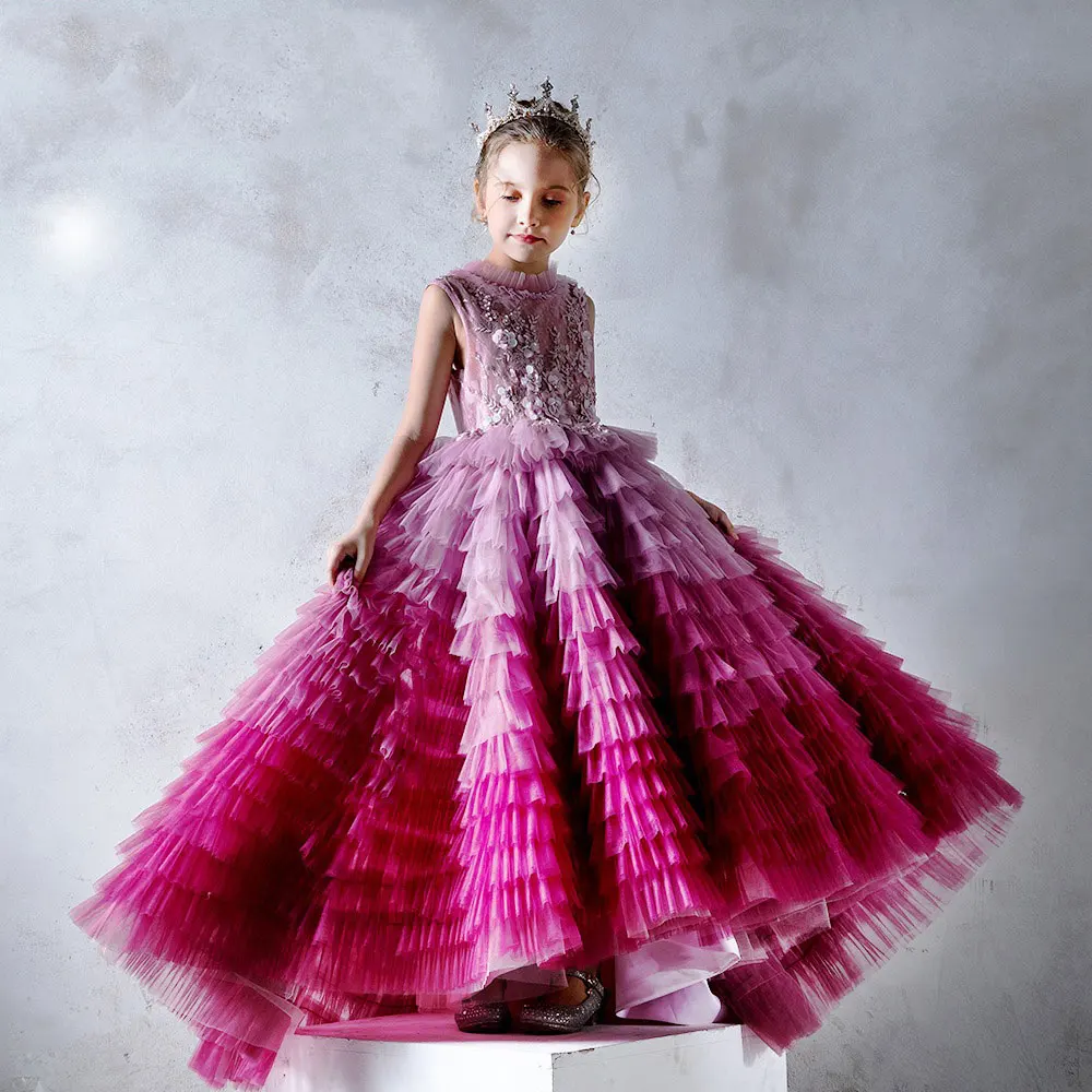 Dreamy Vow Luxury Fuchsia Flower Girl Dress Tiered Applique Princess A-Line Gown for Kids Birthday Wedding Party Pageant J017