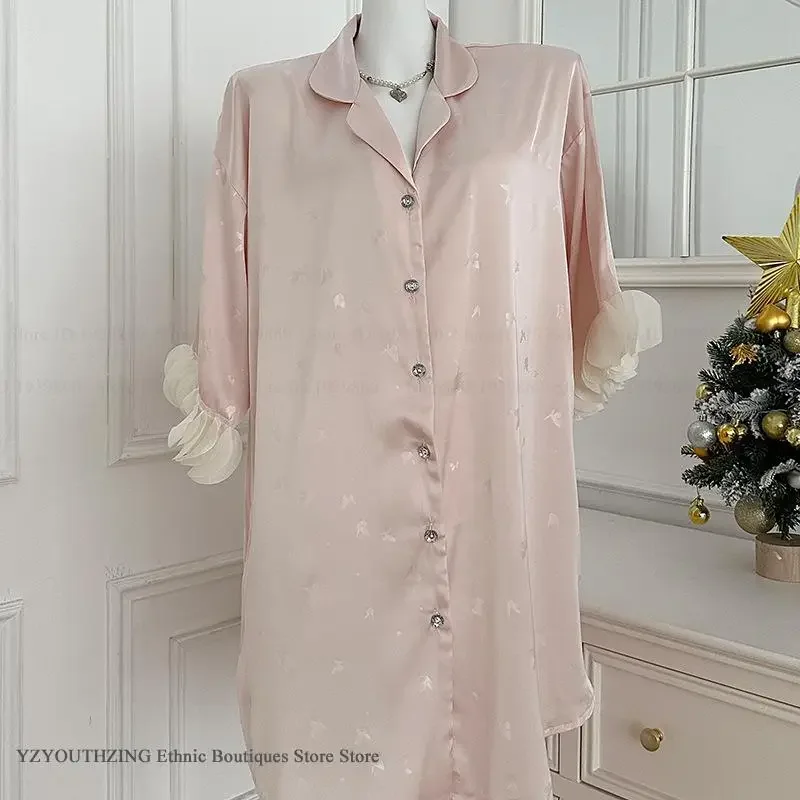 Summer New Female Sleepdress Home Dress Sexy Short Sleeve Nightgown Sleepshirt Loose Silk Satin Bronzing Nightdress Lounge Wear 4