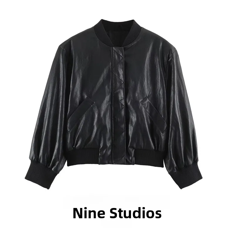 Leather Effect Padded Shoulder Pilot Jacket Short Top Women's Fashion NINE ZAR 6318247 Zipper Closure Long Sleeve Winter Coat