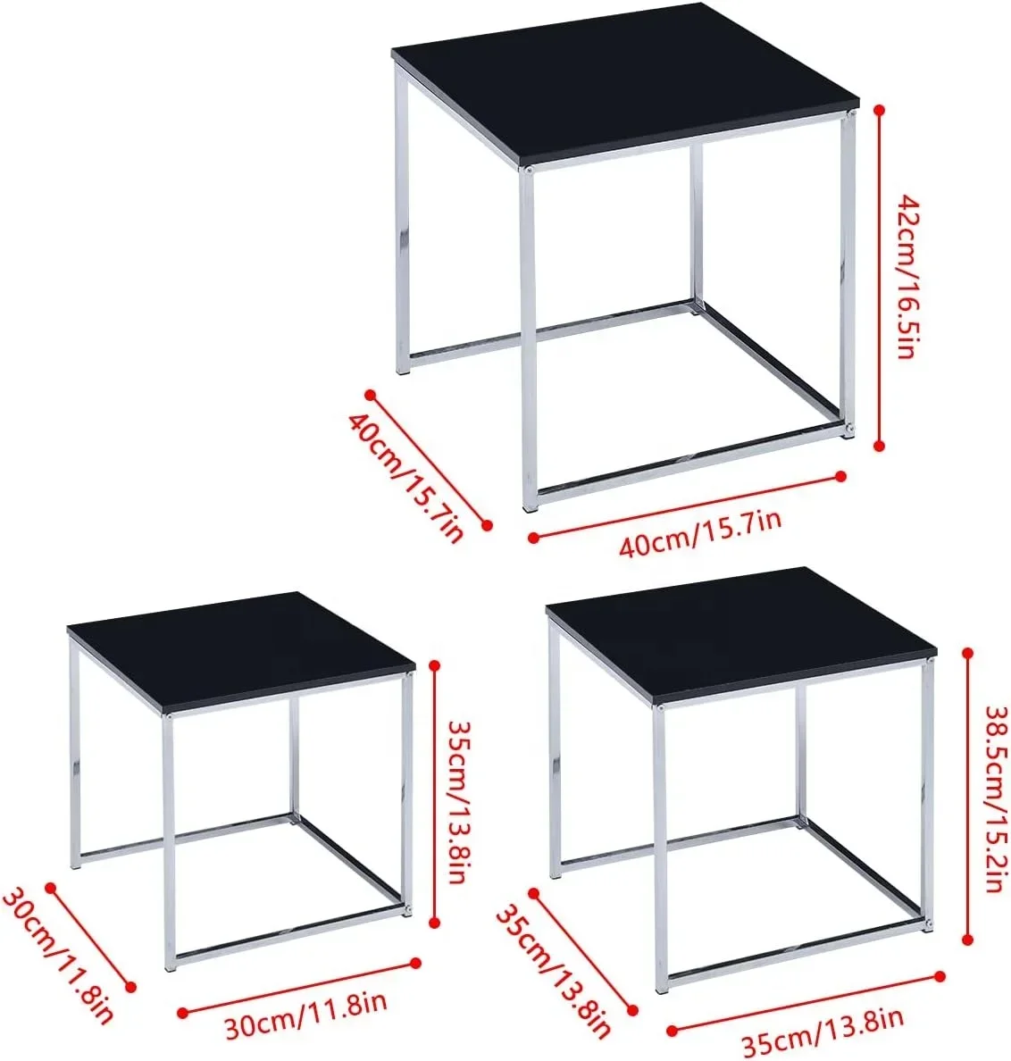 

-High Gloss Black Nesting Side Table End Tables Coffee Table of 3 Metal Frame for Small Space Living Room Bedroom Office