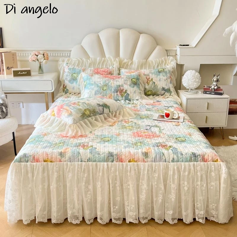 French Style Embroidery Cotton Lace Mattress Cover, Thickened, Quilting Bed Skirt, Bedspread Pillowcase, Double Queen Size, #S