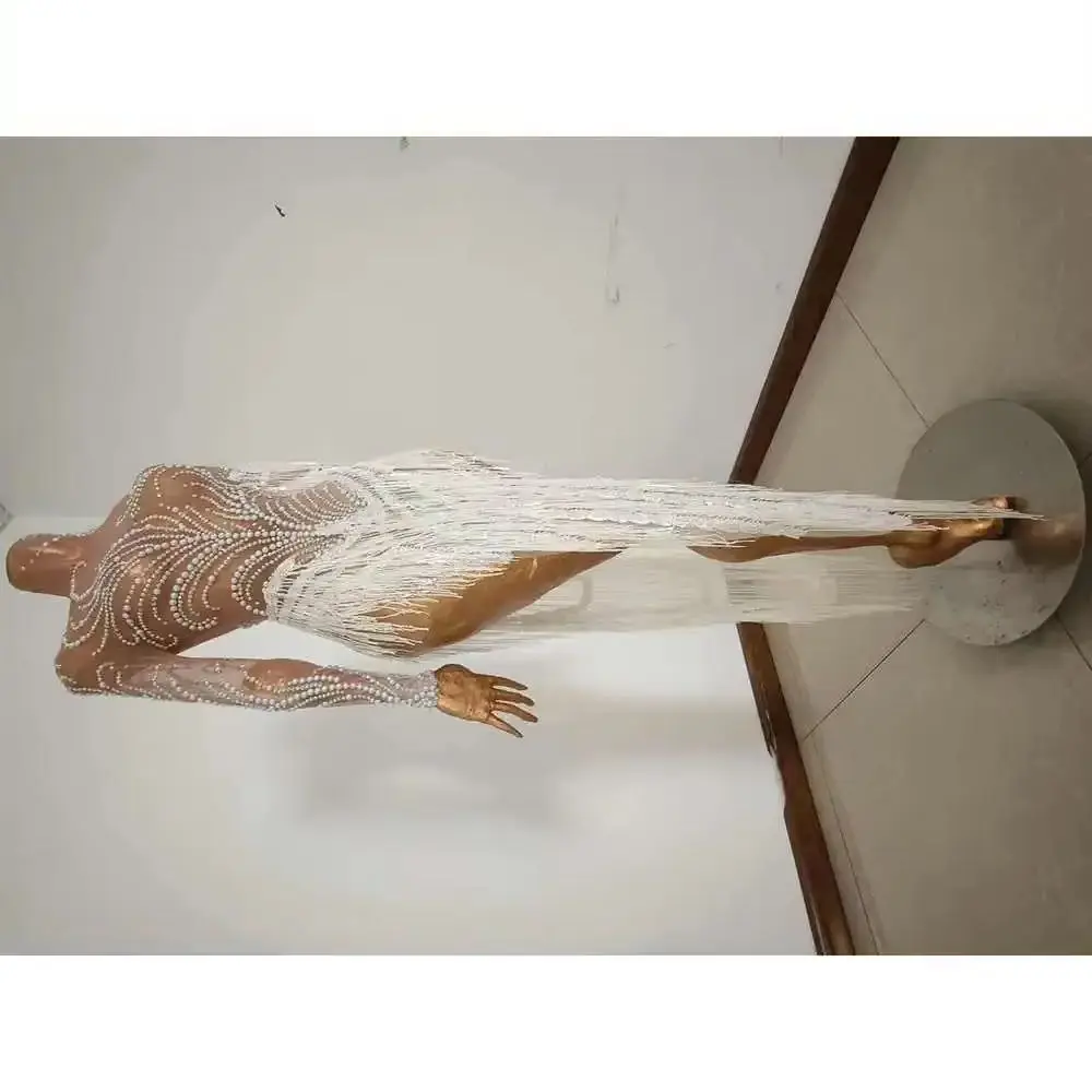 Costume de danse Transparent en maille pour femmes, vêtements de séance Photo, strass scintillants, paillettes, franges, robe de soirée pour célébration d'anniversaire