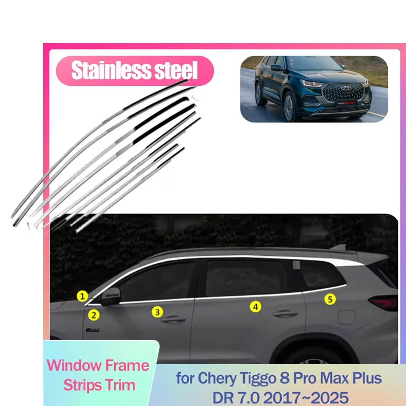 

for Chery Tiggo 8 Pro Max Plus DR 7.0 Xcite X-Cross 8 2017~2025 Stainless Steel Door Window Frame Window Sill Trim Accessories