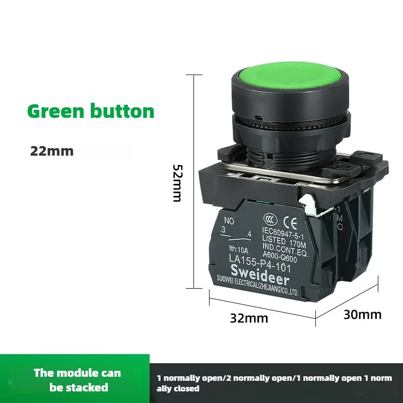 XB4 Drucktastenschalter mit LED 22mm Momentan Selbstrückstellend mit Beleuchtung 12V 24V 220V 10A 1NO 1NC 2NO Rot Grün