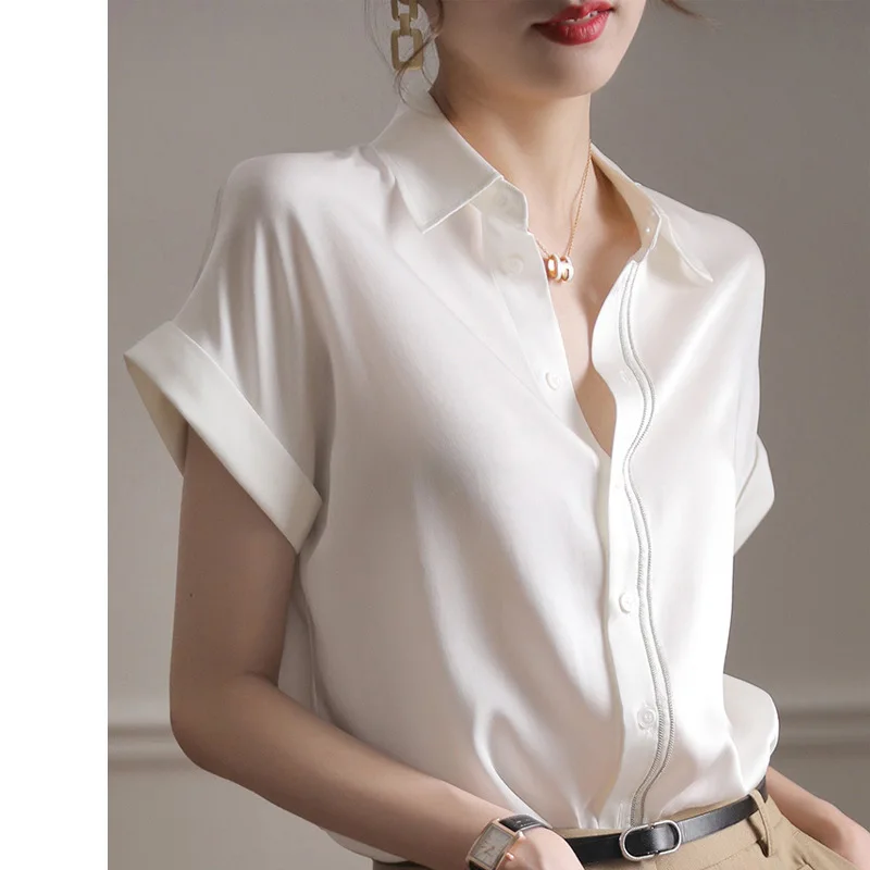 Birdtree 92%Real Silk 8%Spandex White Shirts Women Short-sleeved Loose Tops Elegant High Quality T-shirt 2023 Summer T37950QM