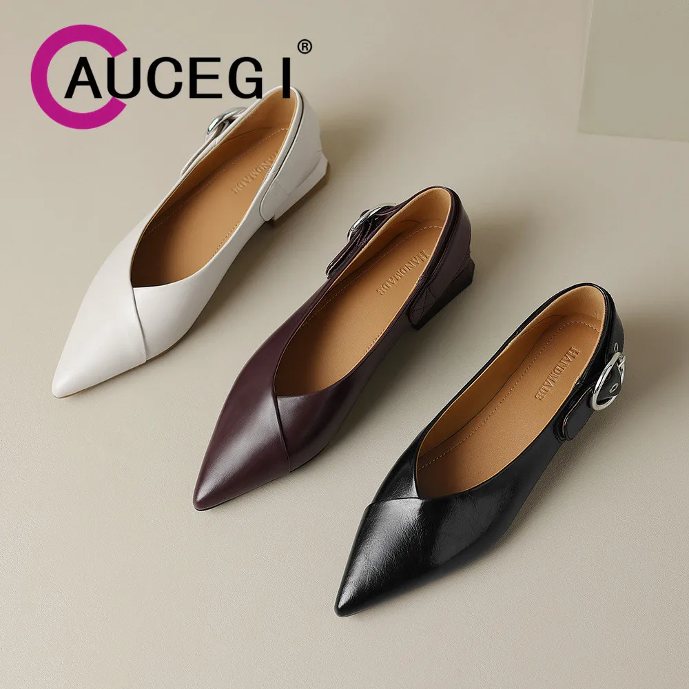 

Aucegi New Design Sheepskin Flats Heels Women Genuine Leather Sexy Pointed Toe Classical Slip-On Buckles Dress Daily Life Shoes