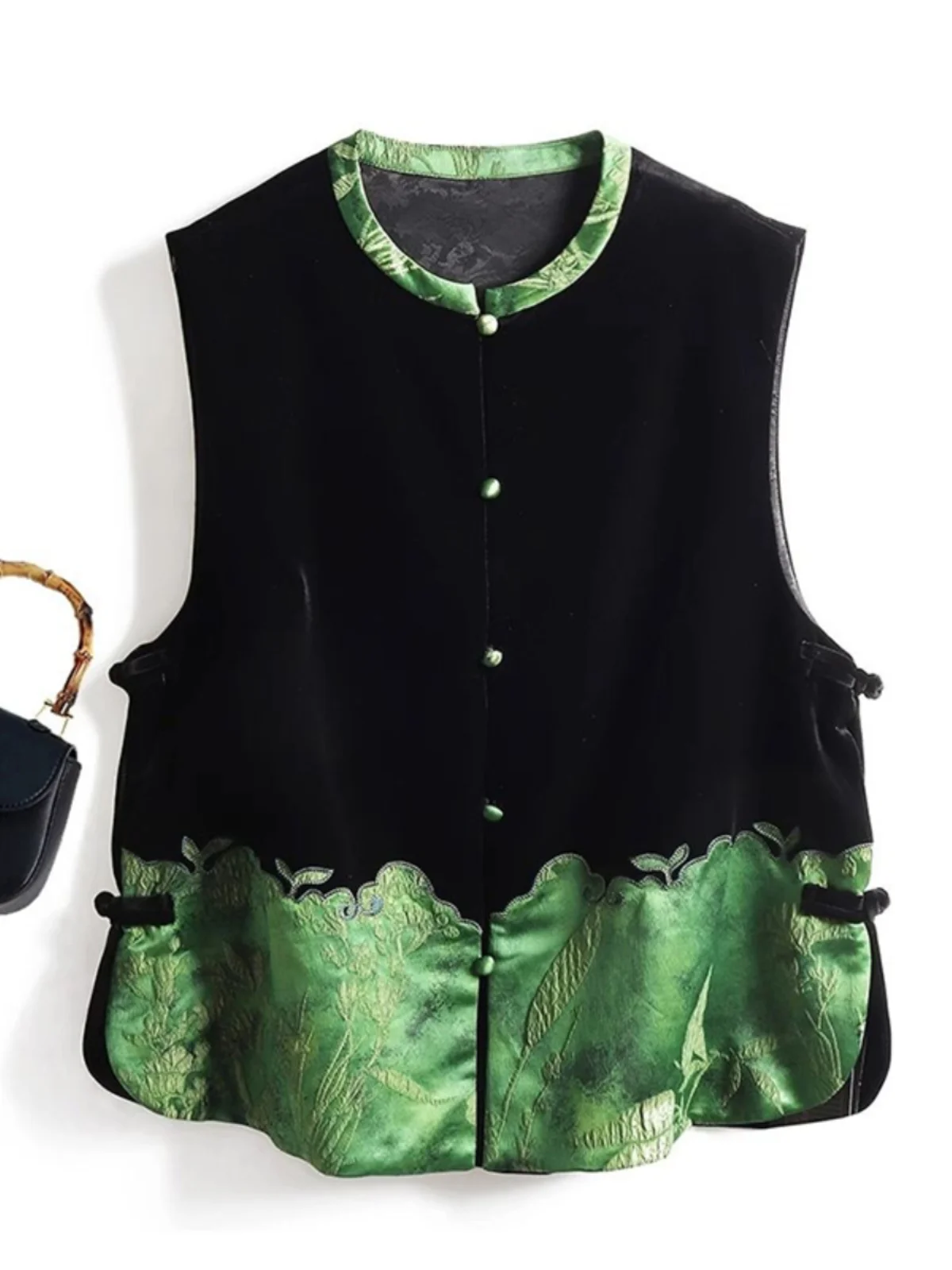 

Korean Japanese Retro Gold Velvet Patchwork Jacket Stand Collar Vest Large Size Shoulder Pad Top Women's Commute Style Clothing