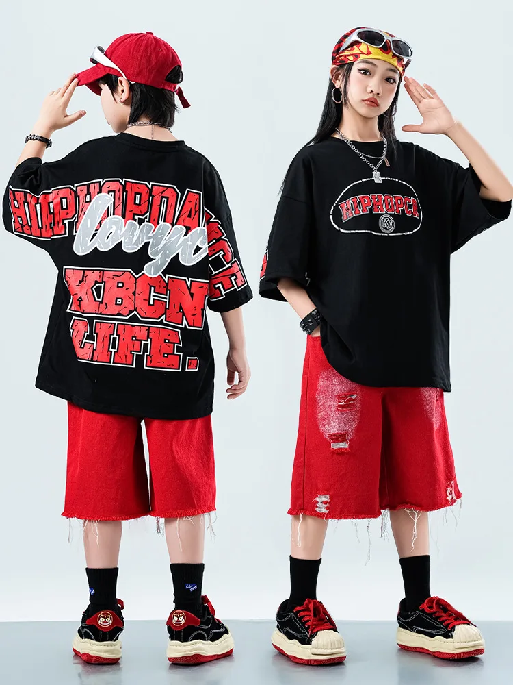 Kid Kpop Hip Hop Clothing Black Letters T Shirt Red Casual Ripped Distressed Shorts for Girl Boy Jazz Dance Wear Costume Clothes