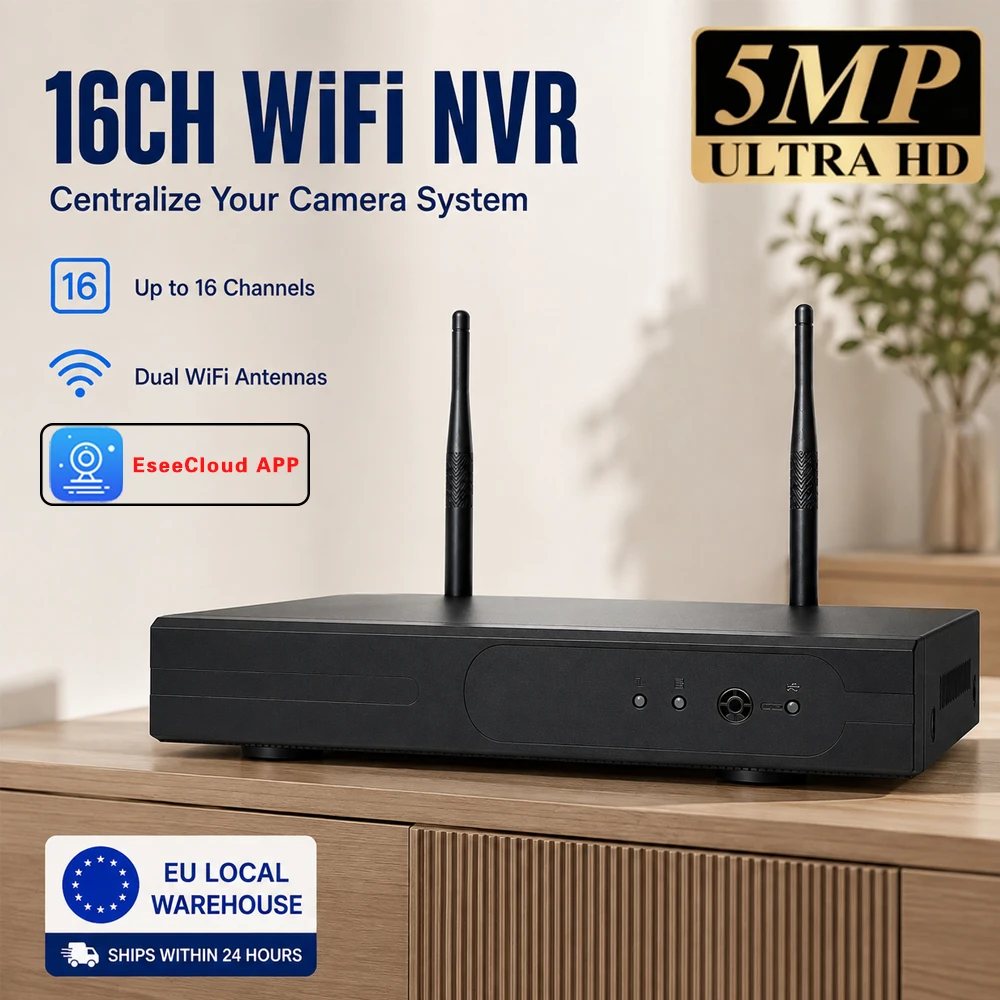 Image of Neu eingetroffen: 16-Kanal Wireless NVR Rekorder H.265 5MP P2P Fernzugriff ESeeCloud APP WiFi CCTV Netzwerk-Videorekorder Sicherheitssystem