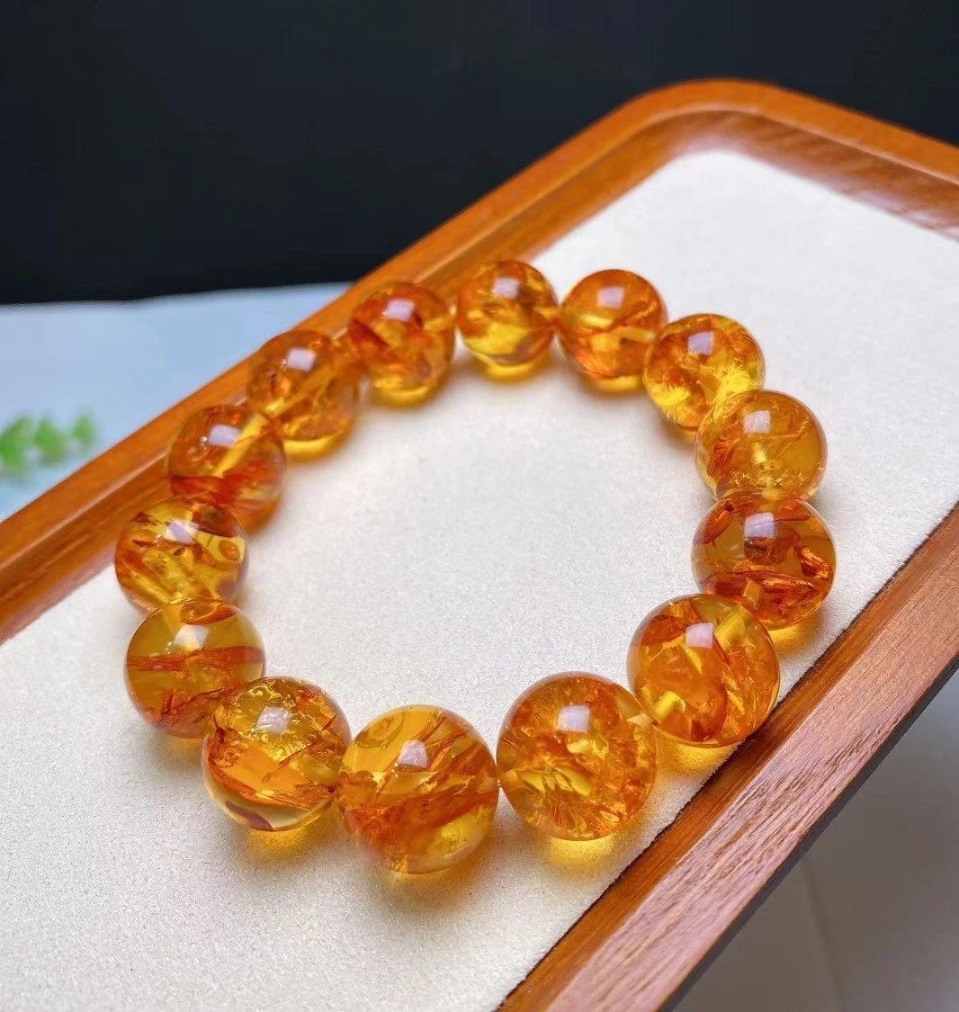 Natural Yellow Piebald Clear Round Beads Bracelet Flower Women Men 15mm  Stretch Crystal Round Amber Bracelet Jewelry AAAAA