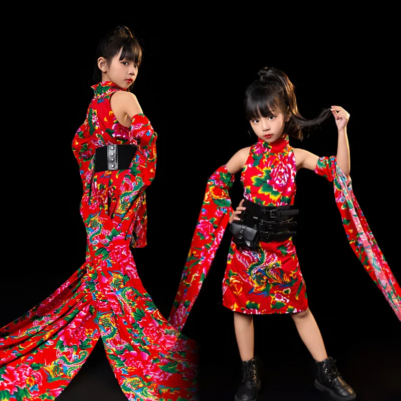 

Northeast Big Flower New Guochao Dress Trailing Girls Dress Walk Show Performance Costume Children's Model Competition Ethnic St