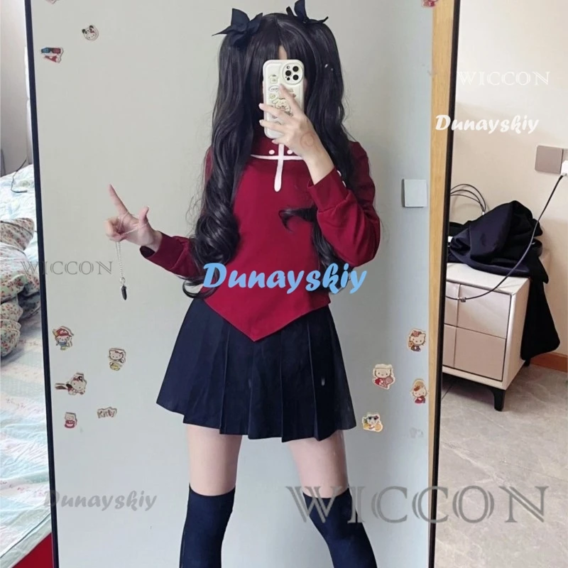 Fate Stay Night Tohsaka Rin Cosplay Costume Long Wig Red Black Skirt Set for Women Carnival Suit Role Play Halloween Dresses