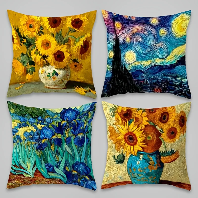 4-piece set of Van Gogh art themed cushion covers, decorative pillow cases for sofa, bedroom, and bed (inserts not included).