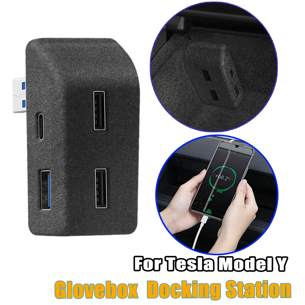For Tesla Model 3 Y Center Console USB Hub Glove Box Fast Charging Flocked Expander Plug and Play Multi Port Car Accessories