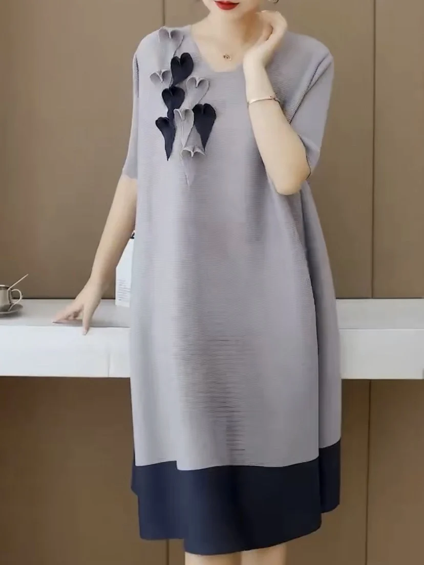 ฤดูร้อนใหม่พับสีบลอปักหลวมแลดูผอมแฟชั่นมิดิ Dr A-Line กระโปรงรอบนีออร์ต Sve Polyeste...