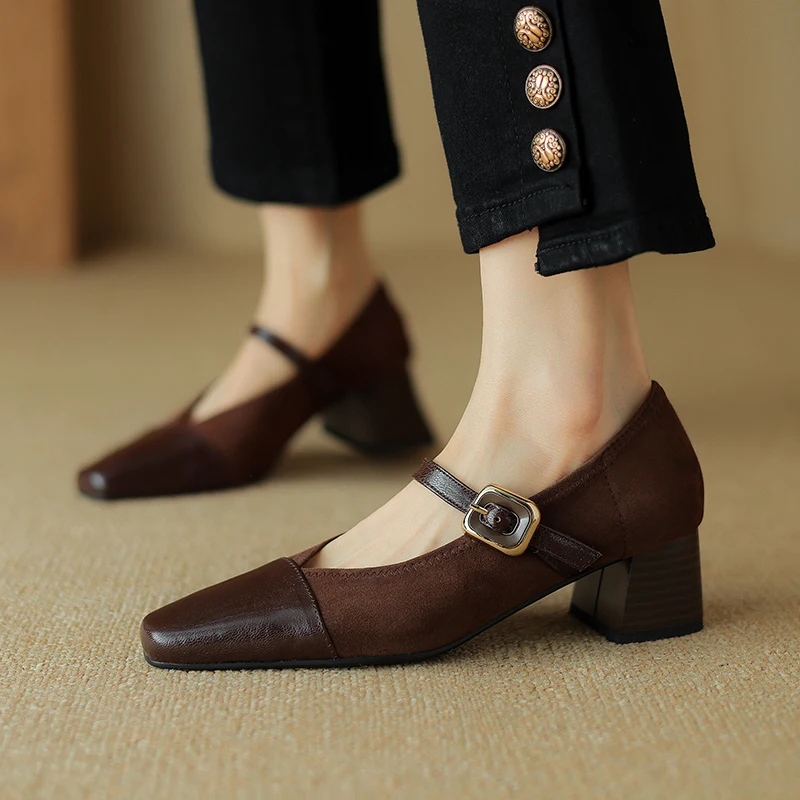 

Spring Summer New Women's Shoes Retro Cozy Thick Heels Buckle Pumps Sheep Suede Mary Jane French Simple Shoes on Heel 4.5 CM