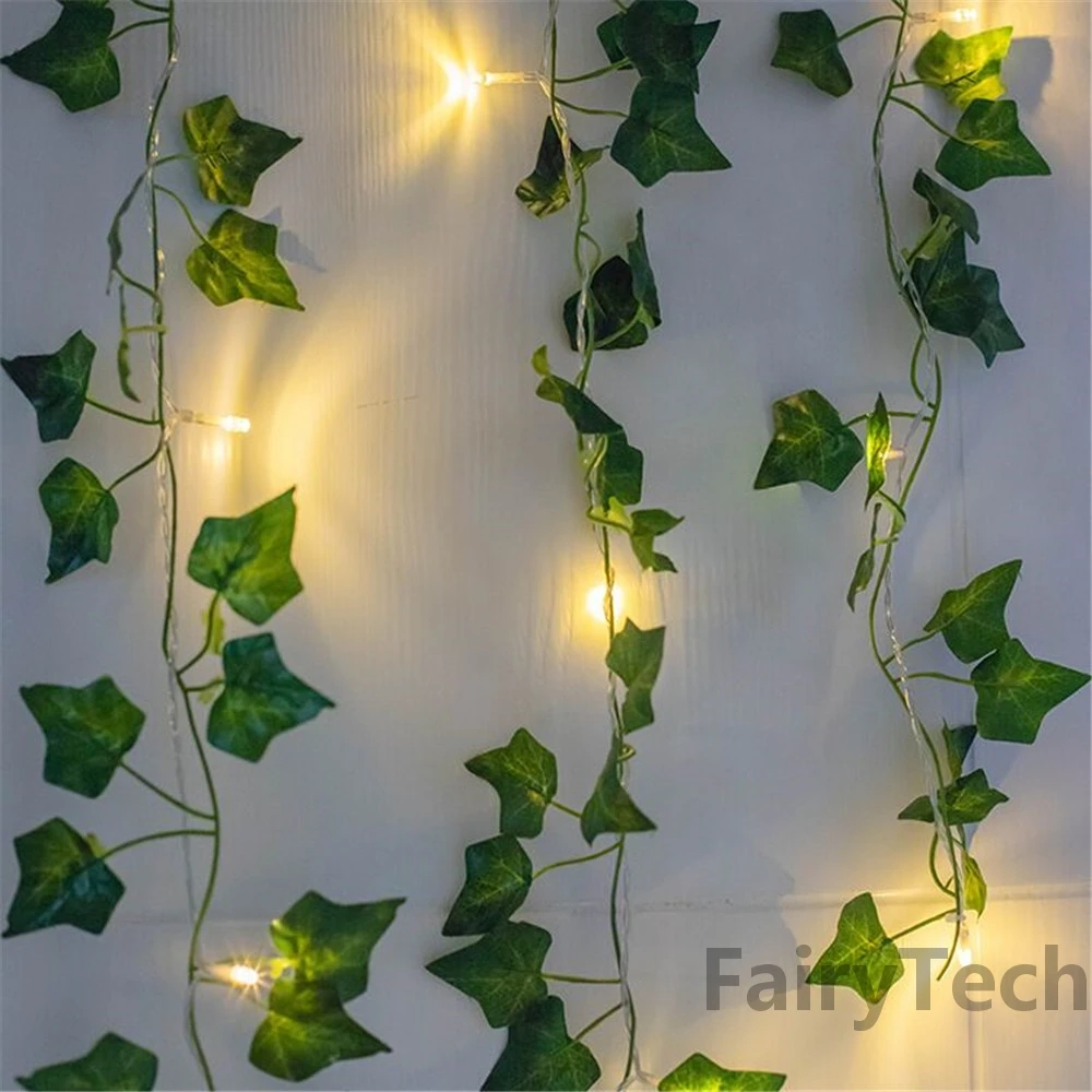 Guirnalda de luces de hoja verde para decoración del hogar, 2M, 20LED, enredadera Artificial, luces de hadas alimentadas por batería, luz de Navidad