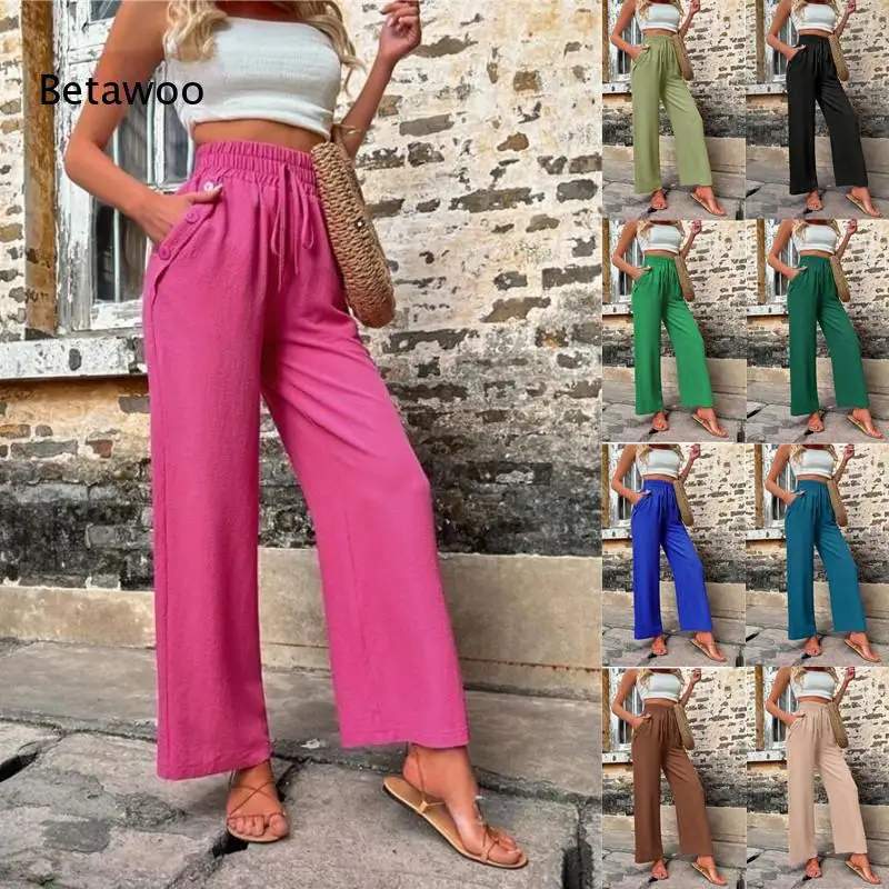 Elastic High Waist Drawstring Wide Leg Pants with Side Button Decor Casual Loose Trousers for Women Daily Wear