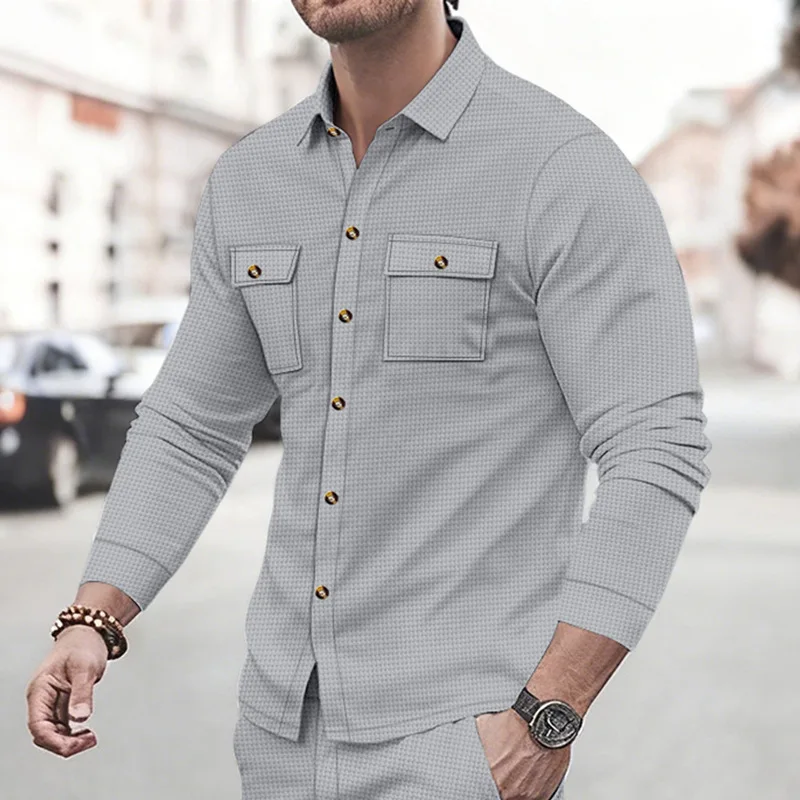 B&C Plaid Shirt Men Grey Check Long Sleeve Button Down Casual with Double Pockets for Business Daily