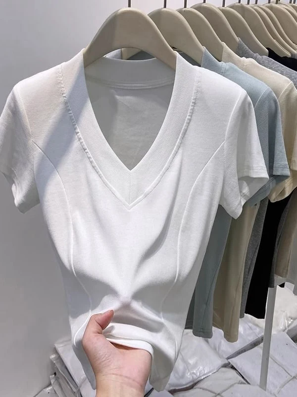 Aesthetic Short Sleeve V-Neck Pure Cotton T-Shirt Women's Slim Fit Summer Top Korean Style Commute Wind Fishbone Waist Shaping