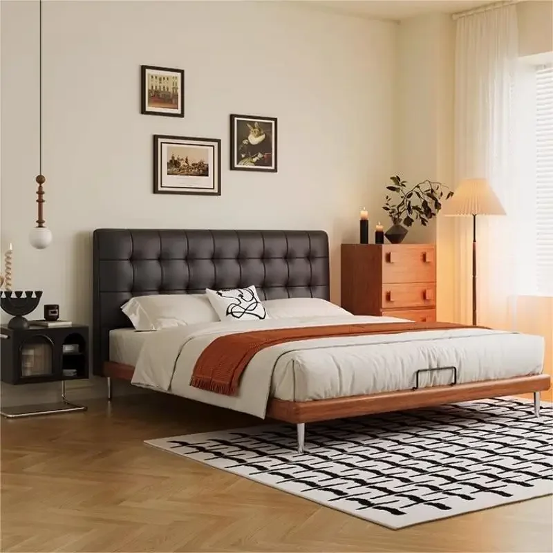 waffle master bedroom bed high-end atmosphere Italian minimalist solid wood soft bag black first layer cowhide double bed