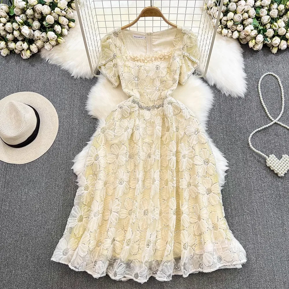 JAMERARY 2024 Summer Runway Holiday Mesh Tulle Flower Embroiderey Lace Beaded Evening Sequins Dress Women Short Sleeve Midi Robe