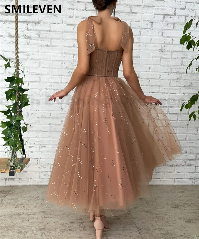 Smileven Shiny Champagne Simple Sweetheart Midi Prom Dresses Spaghetti Straps Tea-Length A-Line Graduation Dresses Customized