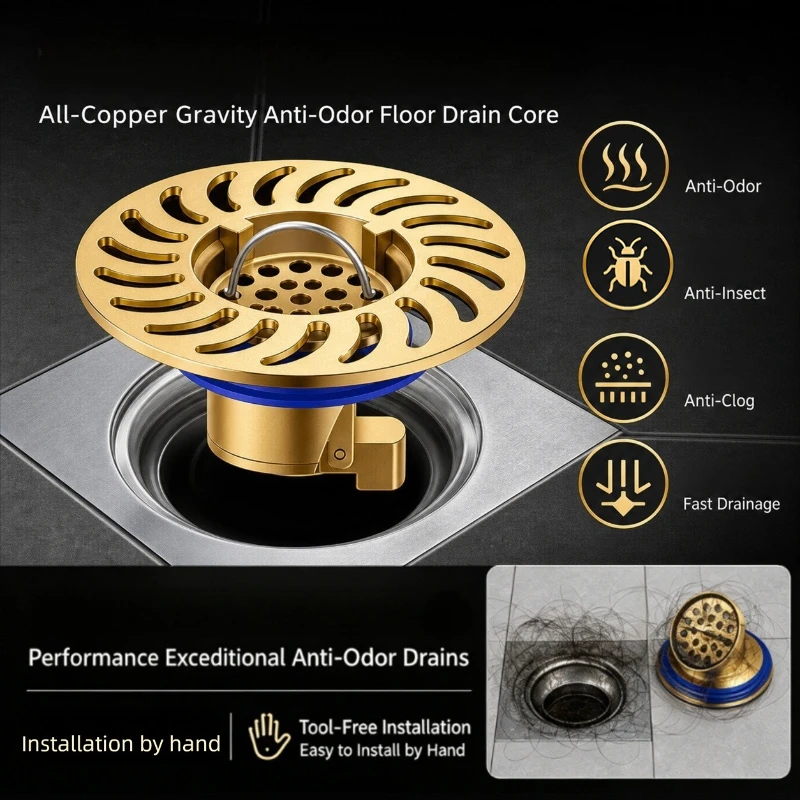 Floor Drain All-copper Shower Floor Drain Stopper Insectproof Anti-odor Deodorization Toilet Kitchen Bathroom Toilet Sewer Drain