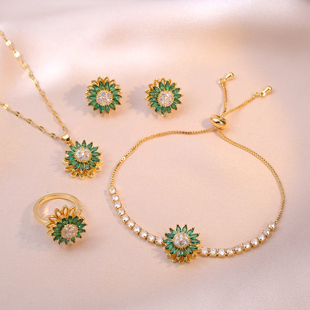 Double-layer Rotatable Sunflower Necklaces For Women Chain Choker Stainless Steel Jewelry sets