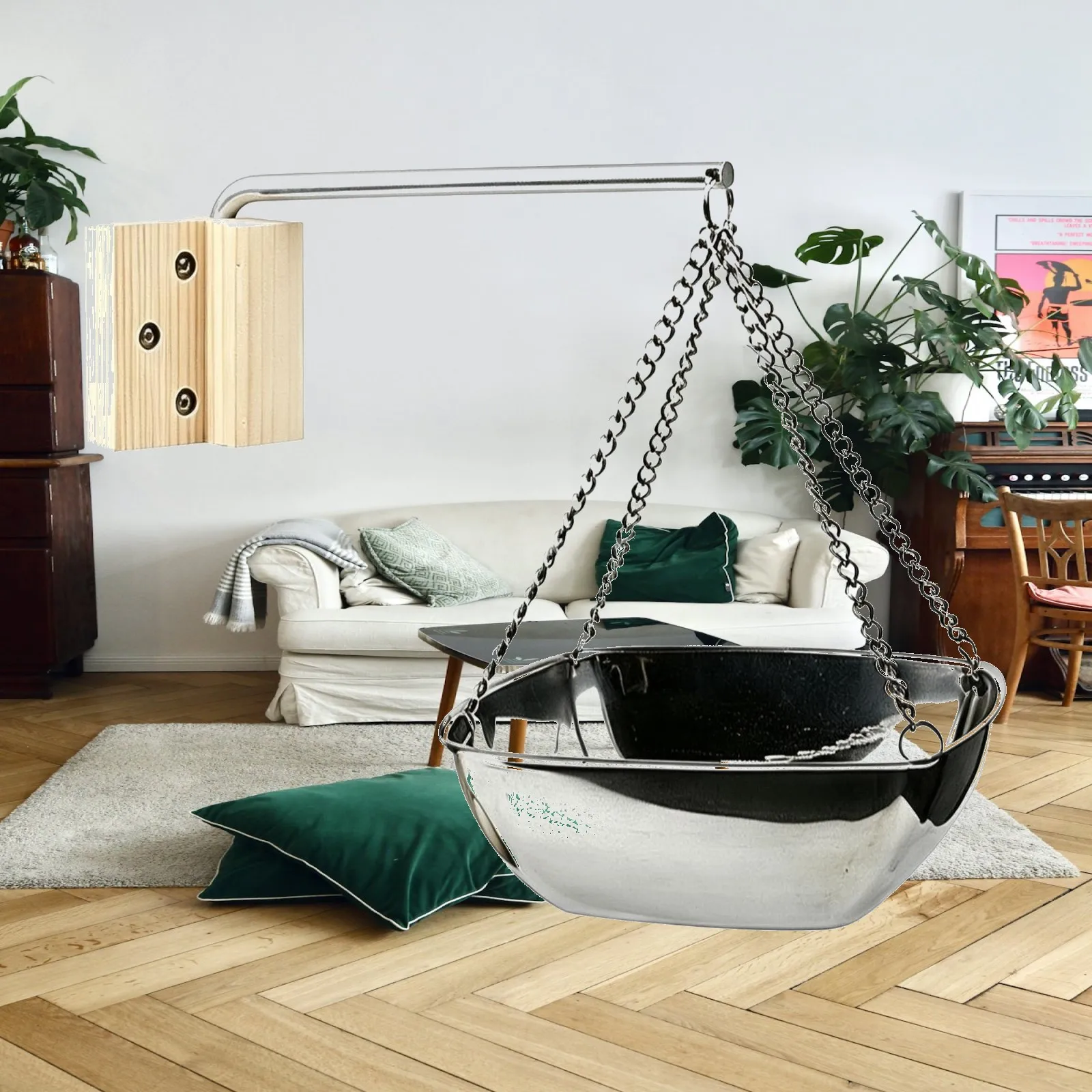 Essential Oil Aroma Bowl for Sauna Stainless Steel Hanging Vessel with Chain Heat Proof Metal Diffuser Home Steam Room Wellness