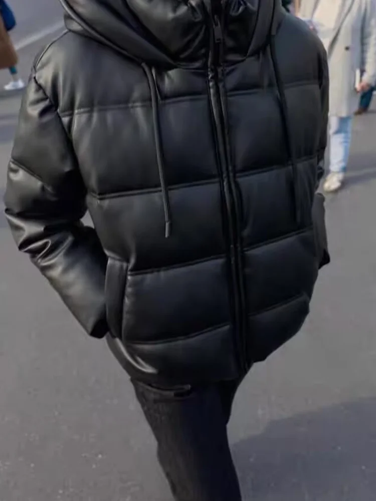 سترة جلدية قصيرة بغطاء للرأس للنساء موضة الصلبة الوقوف طوق سستة جيب سترات دافئة سيدة شتاء جديد ملابس الشارع اليومية #4