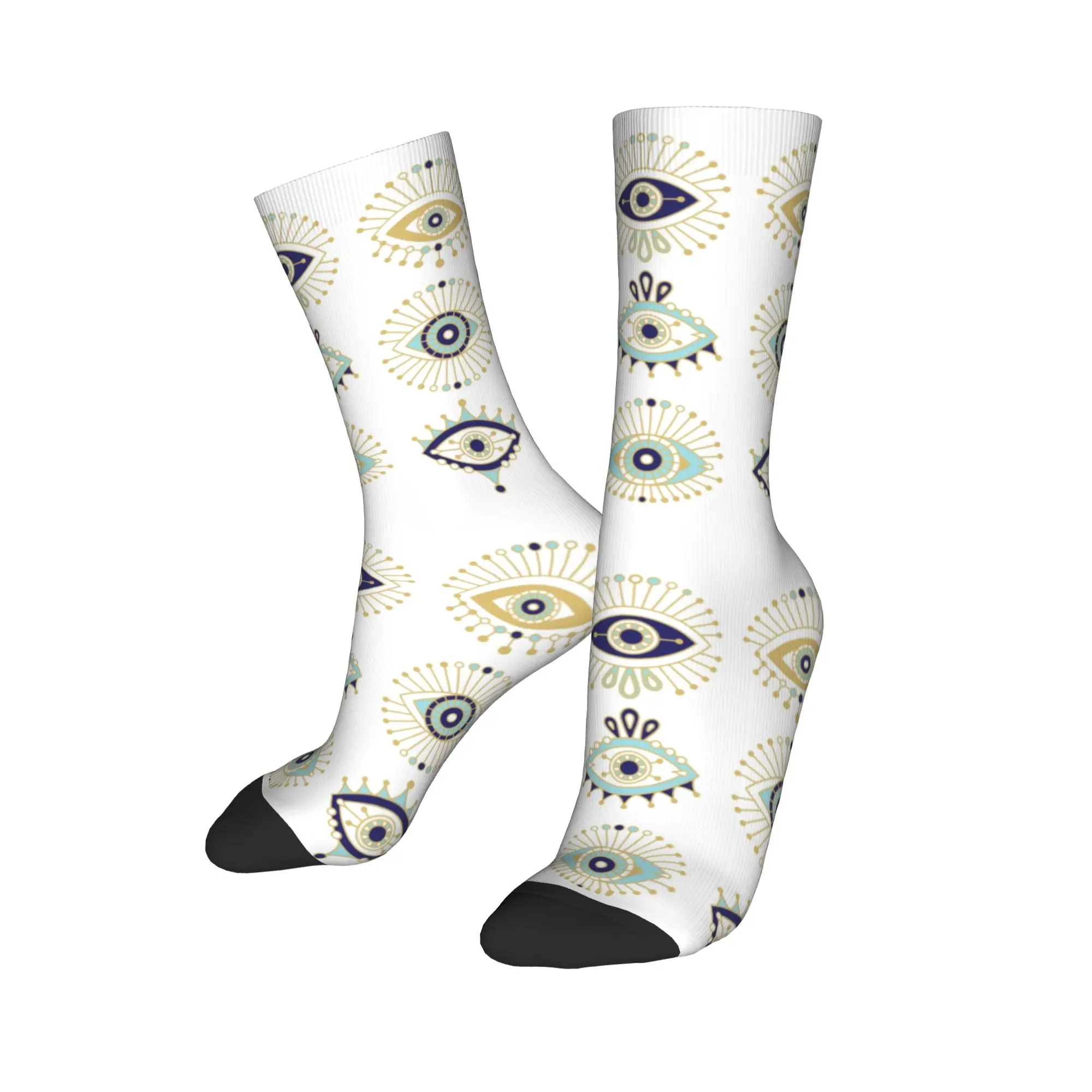 Printed Turkish Evil Eye Collection On White Socks Stretchy Summer Autumn Winter Nazar Amulet Hamsa Boho Bohemian Crew Socks view 3