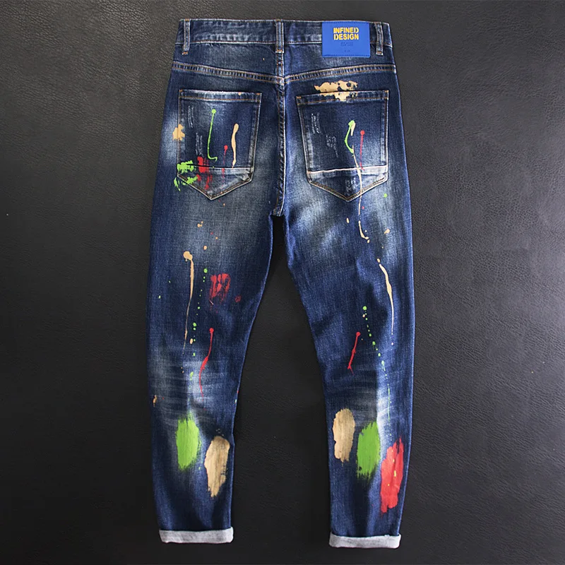 Spray Paint Printed Graffiti Ripped Jeans for Men Slim Fit Small Feet Personality Trendy Street Denim Pants