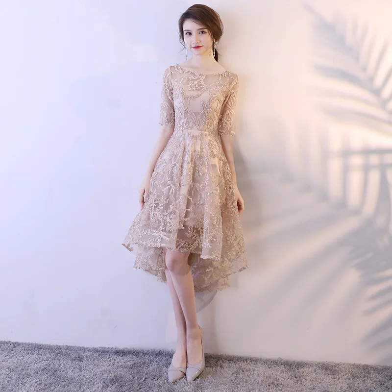 فستان سهرة قصير بخمسة أكمام بتصميم جديد، فستان أميرة أنيق ونحيف للحفلات مع مقدمة قصيرة وظهر طويل للولائم