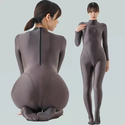 Satin sexy Women gloss Swimsuit Long Sleeves Back Zipper Tights transparent Wetsuit Sports Body Suit Plus Size Bathing Suits