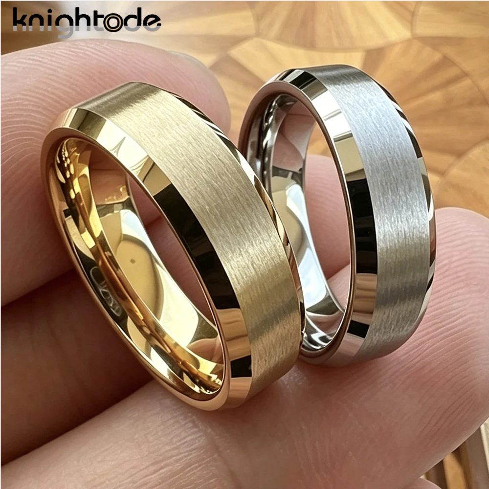 

6mm 8mm Gold Color Tungsten Carbide Engagement Rings for Men Women Wedding Bands Beveled Edges Matted Finish Comfort Fit