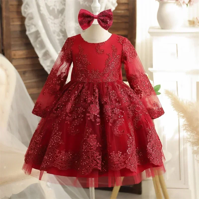 Toddler Baby Girls Dress Long Sleeve 1-5Y Baby Girls Lace Clothes Kids 1st Birthday Clothes Tutu Princess Wedding Party Gown