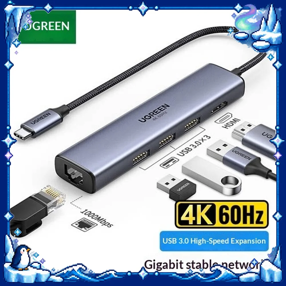 UGREEN 20934 USB-C Hub CM418 5-in-1 4K HDMI 3 USB 3.0 Ports 5Gbps Gigabit Ethernet RJ45 Aluminum Alloy Housing