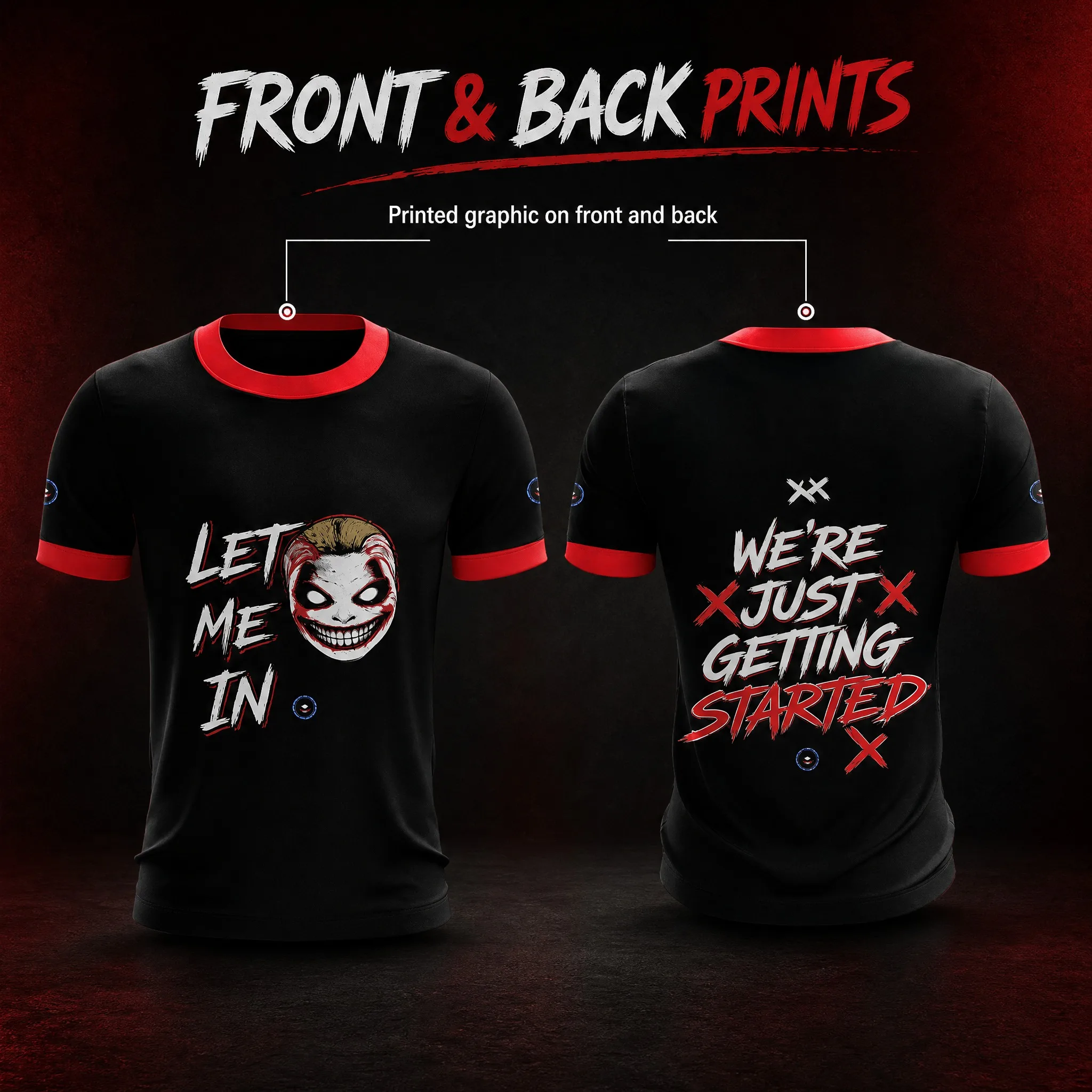 Men Let Me In Wrestling T-Shirt Black Red Ringer Clown Face Front Back Print Dark Horror Fan Casual T-Shirt