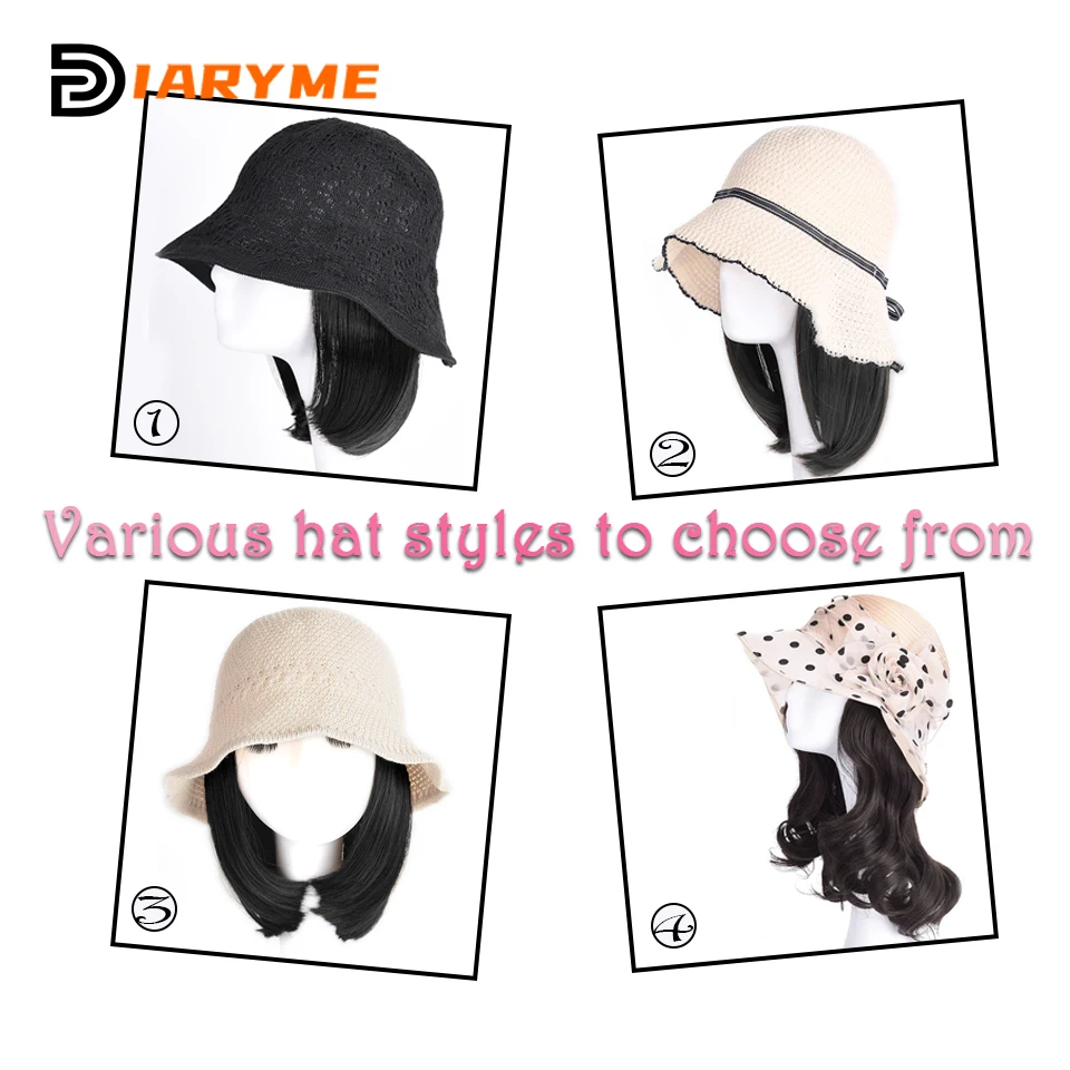 Hat Wig Synthetic Short Straight Bob Hair Natural Wig Black Hat Wigs Cap With Hair Connect Fisherman\'s Hat Hair Extension Sun Vi