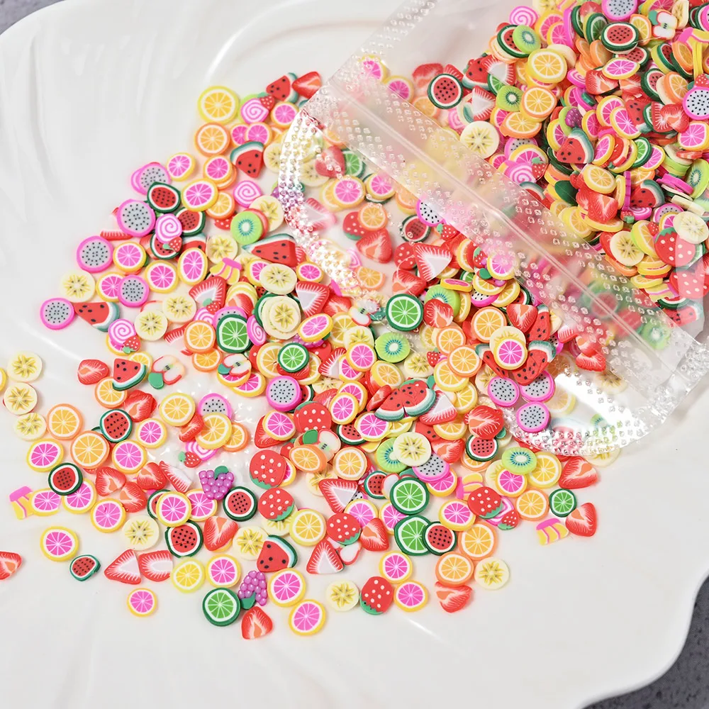 1000pcs/bag 3D Summer Fruit Slices Kawaii Polymer Clay Strawberry Lemon Nail Charms For Nail Art Decoration Flatback Rhinestones