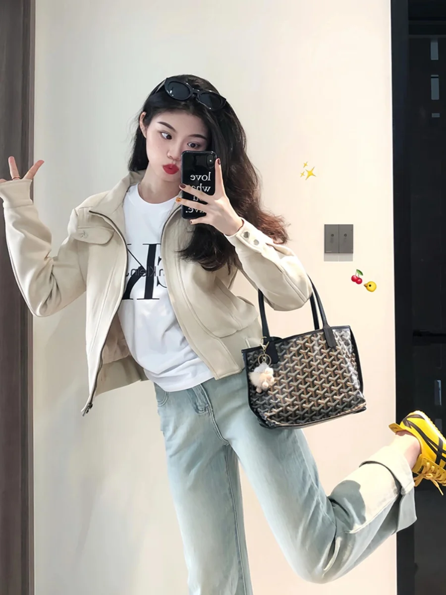 Giacca da Motociclista Mijia in Pelle PU Beige per Donna, Primavera Autunno, Casual da Lavoro, Collo Alto, Stile Scamosciato, Alla Moda ed Elegante