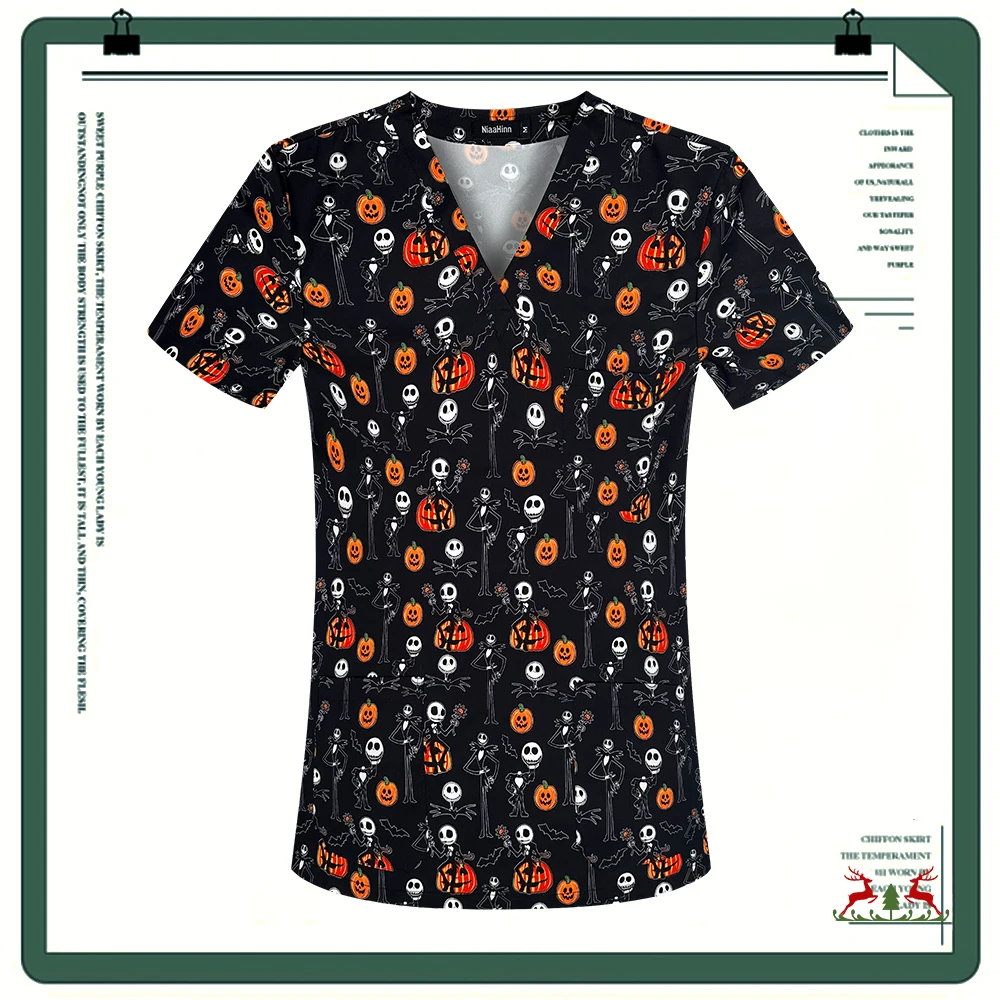 Halloween Print Elasticity Nurse Uniforms Scrubs Tops 3 Pockets Short Sleeve Shirts Medical Healthcare Carer Scrub Blouse