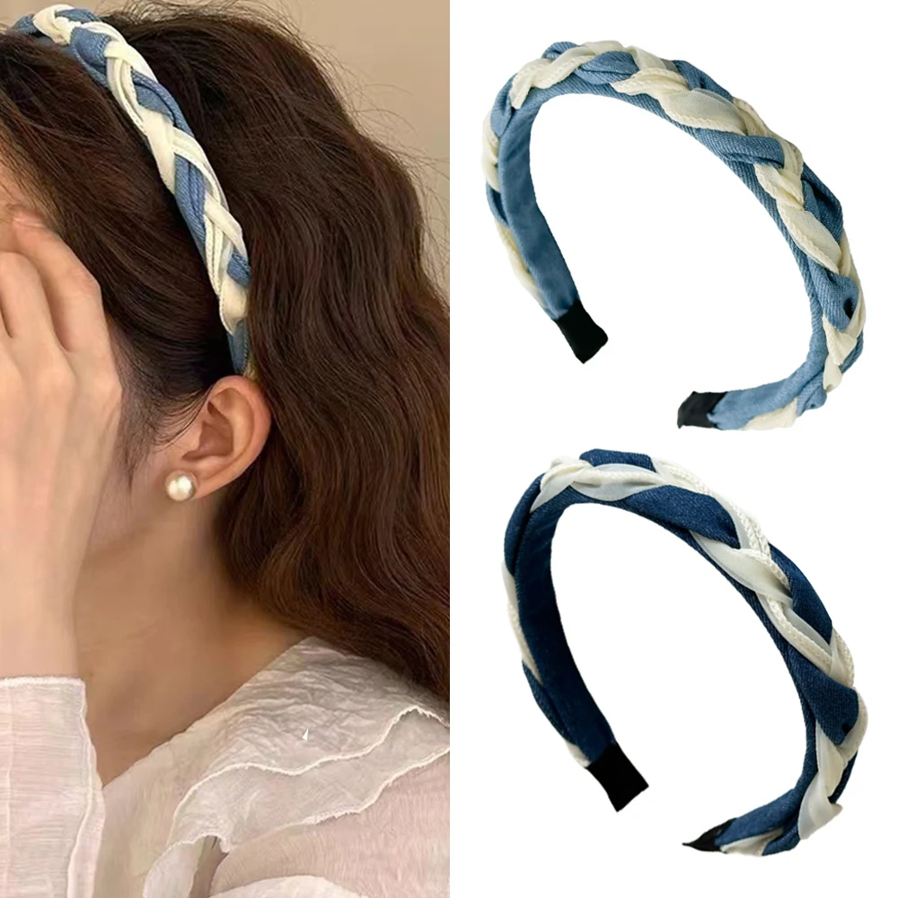 Elegant Blue White Denim Mesh Knit Head Hoop Non-slip Denim Cross Woven Headband Women Boutique Hair Accessories Girls Gifts Hot