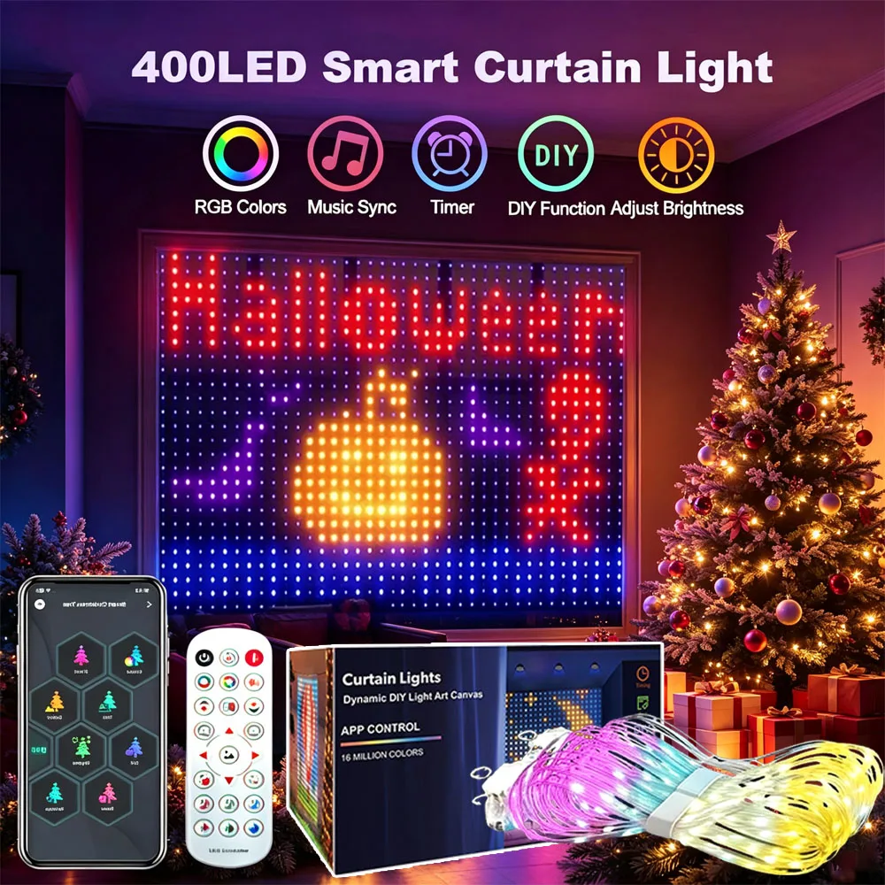 スマートカーテンライト-ledストリングライト-diyで色を変えられる、屋内・屋外の背景や壁の装飾に最適な、音楽に合わせて点灯するフェアリーライト。