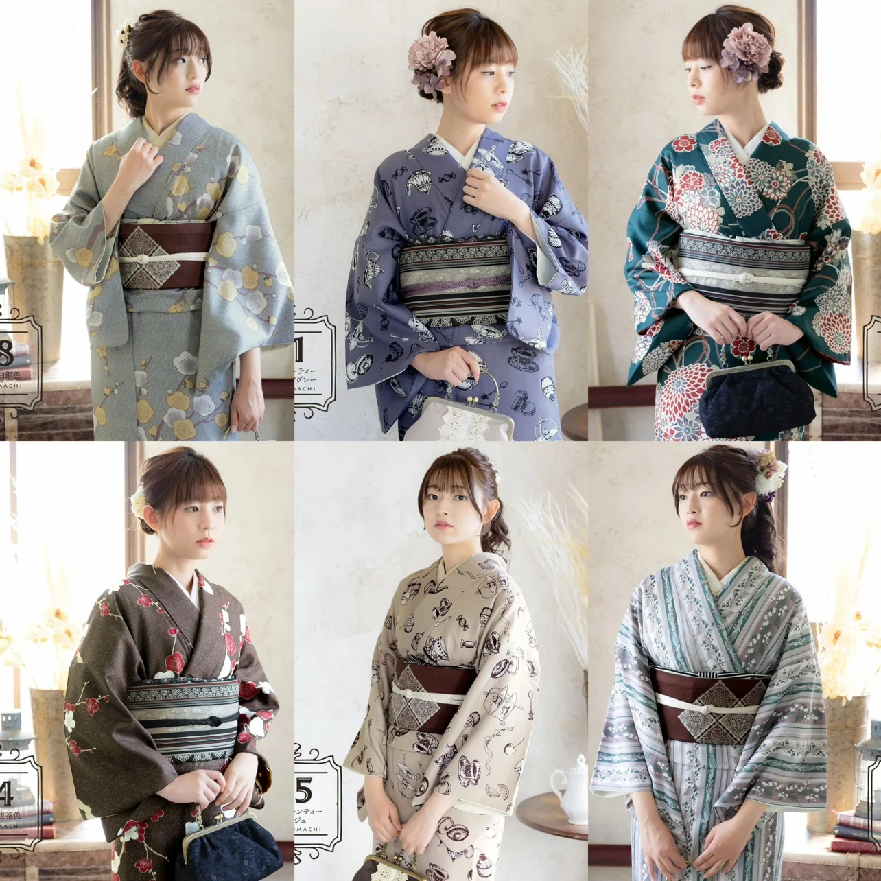 apanese Women's Traditional Formal Attire: Komon Kimono with Double-Layer Lining - Vintage-Style Travel Photo Shoot