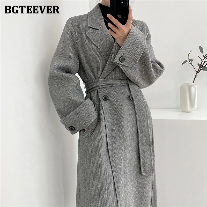 

BGTEEVER Stylish Warm Loose Women Long Blend Coats Elegant Full Sleeve Double Breasted Lace-up Female Woolen Overcoats