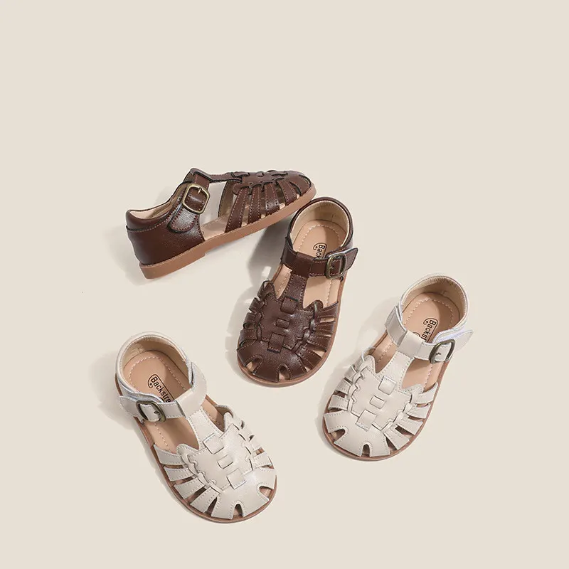 Children Sandals Girl's Fashion Retro Braid Geniune Leather Sandals Non-slip soft bottom Summer Beach Sandals Size 22-31